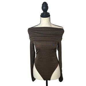 Women’s Brown Off Shoulder Bodysuit Ruched Foldover Long Sleeve Stretch Top (M)